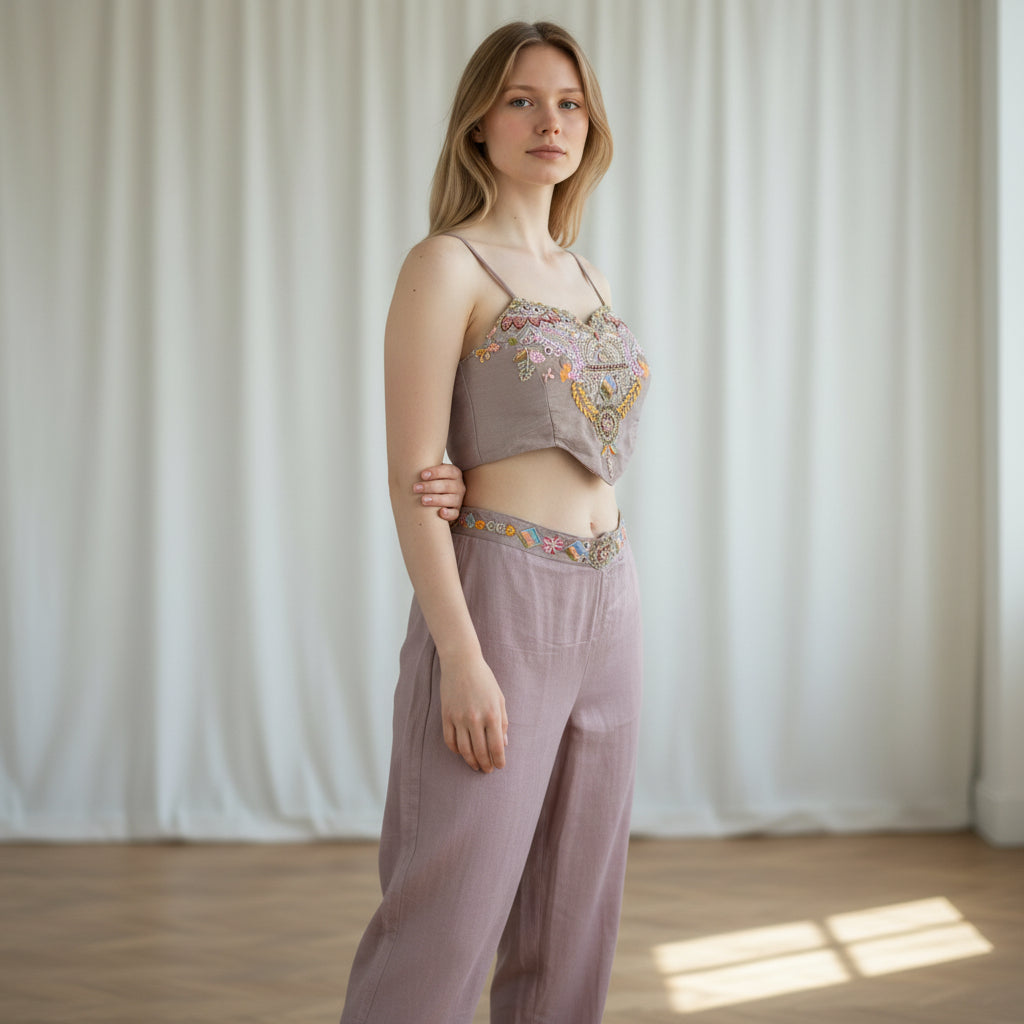 Crepe Silk Sharara Set with Embroidered Crop Top and Shrug