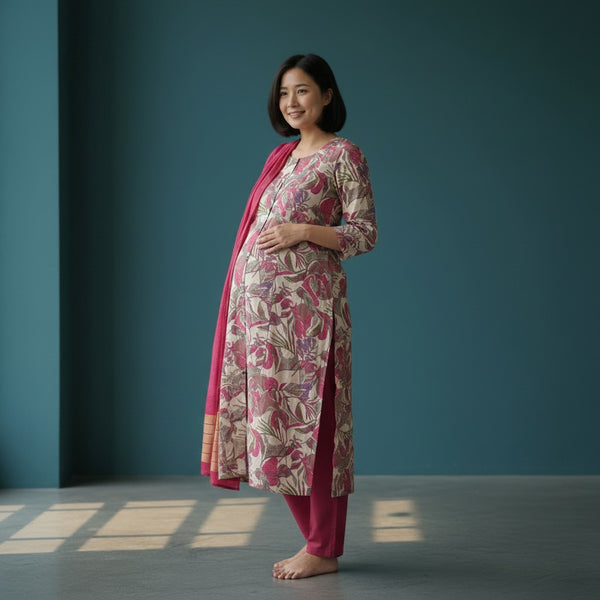 Maternity Kurti Set with Leaf Print, Pink Trousers, and Pink Dupatta