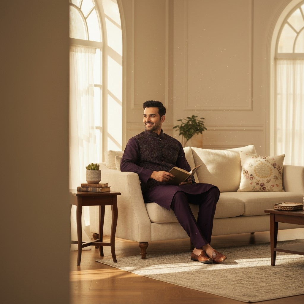 Men's Deep Purple Kurta Set with Waistcoat (3 Piece)
