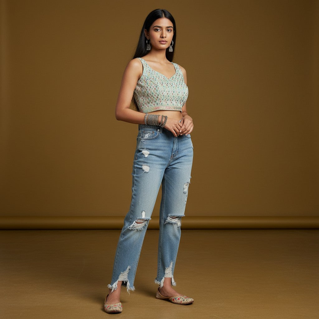 Light Seafoam Green Blouse with Multi-Colored Pastel Embroidery in a Geometric Drop Pattern and Pink/Gold Accent Border
