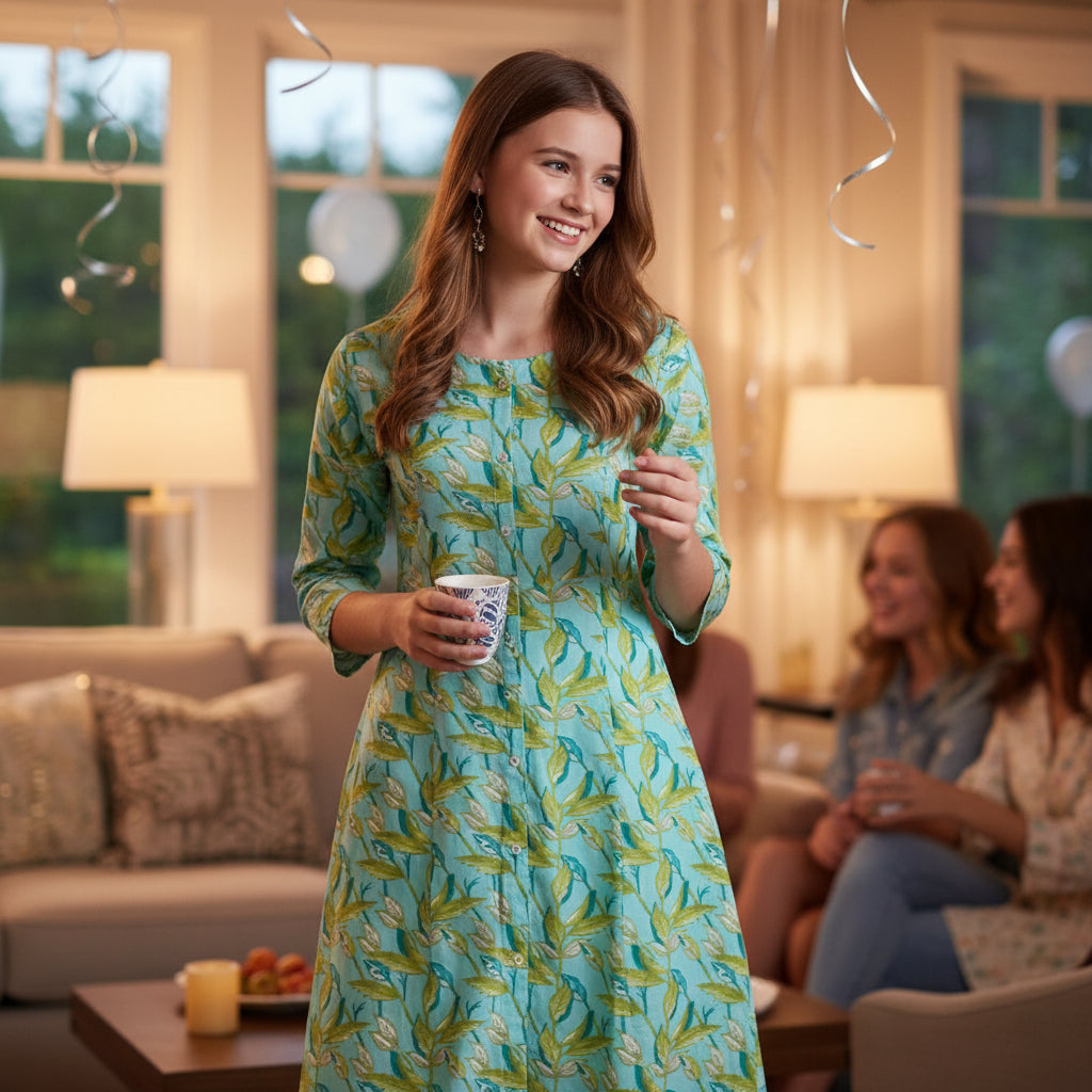 Turquoise Striped Easy Feed Set with Full Button-Down Front and 3/4 Sleeves