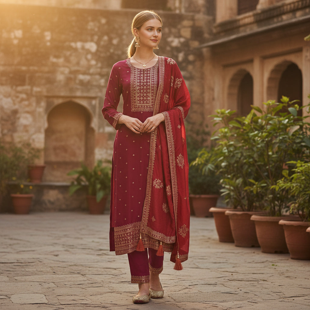 Silk Blend Kurta Set with Zari and Sequin Embroidery
