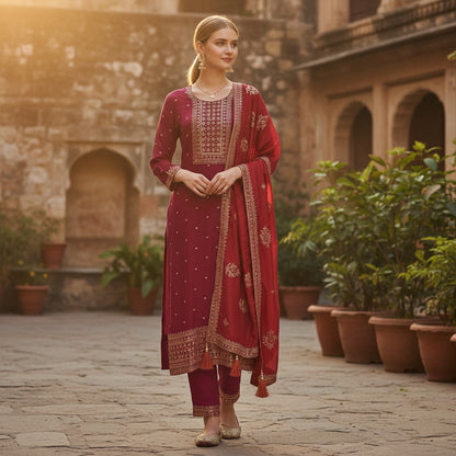 Silk Blend Kurta Set with Zari and Sequin Embroidery