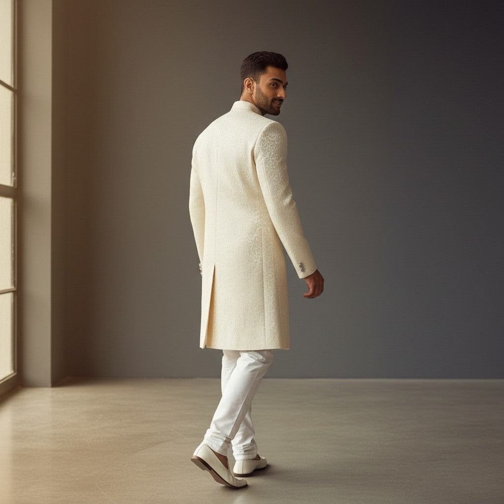 A Off White Self Design Sherwani