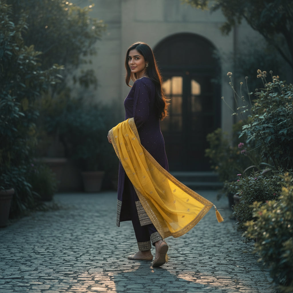 Chanderi Blend Kurta Set Short Kali Panels