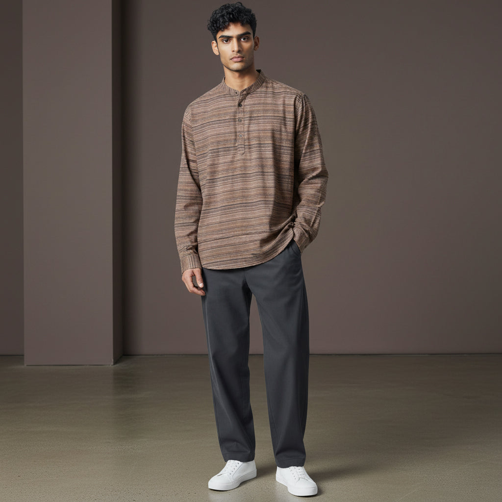 Men's Henley Neck Kurta with Stripes