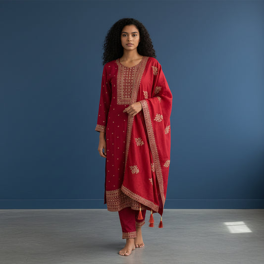 Silk Blend Kurta Set with Zari and Sequin Embroidery