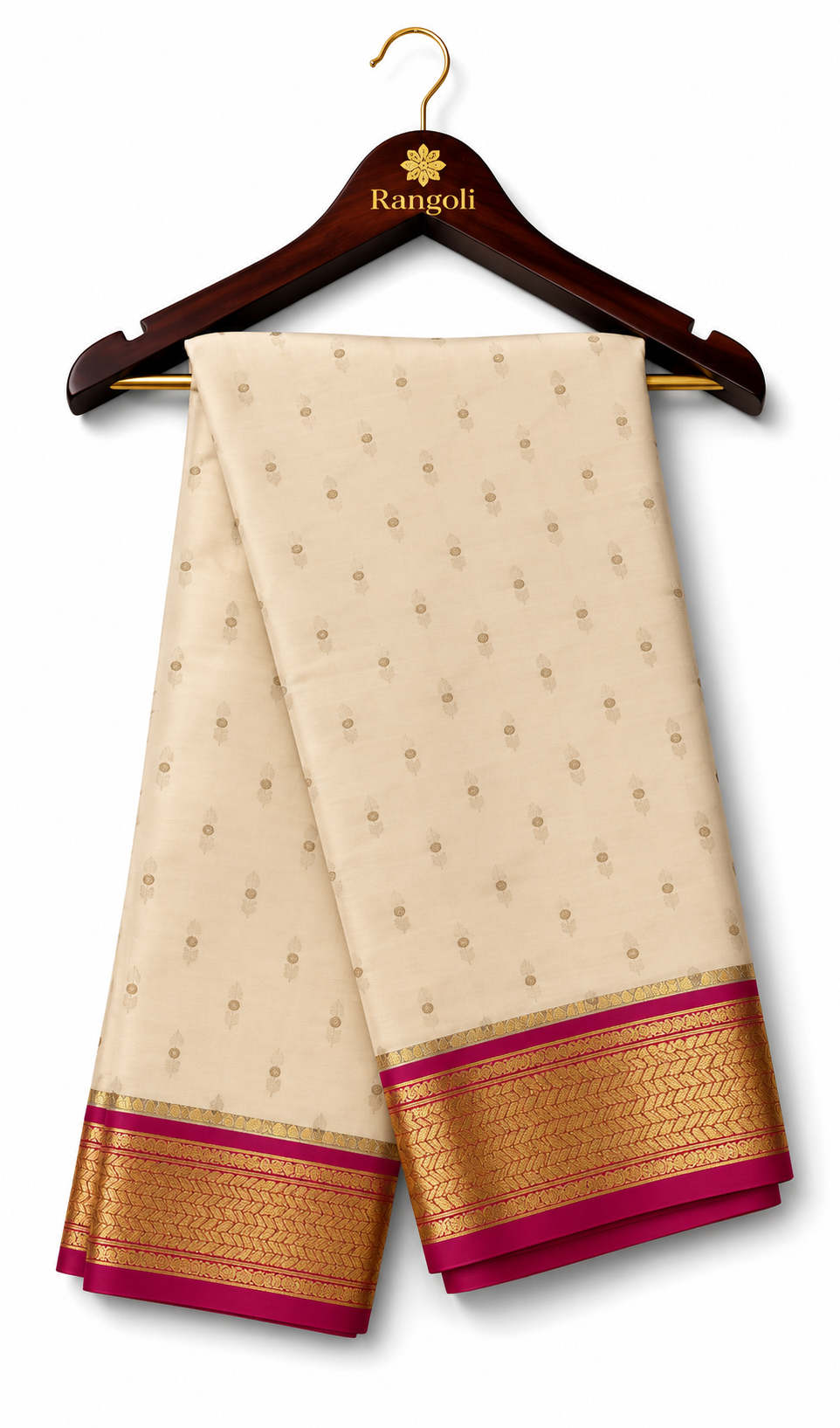 Cream Pure Silk Saree with Gold Buttas and Magenta Border