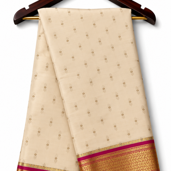 Cream Pure Silk Saree with Gold Buttas and Magenta Border