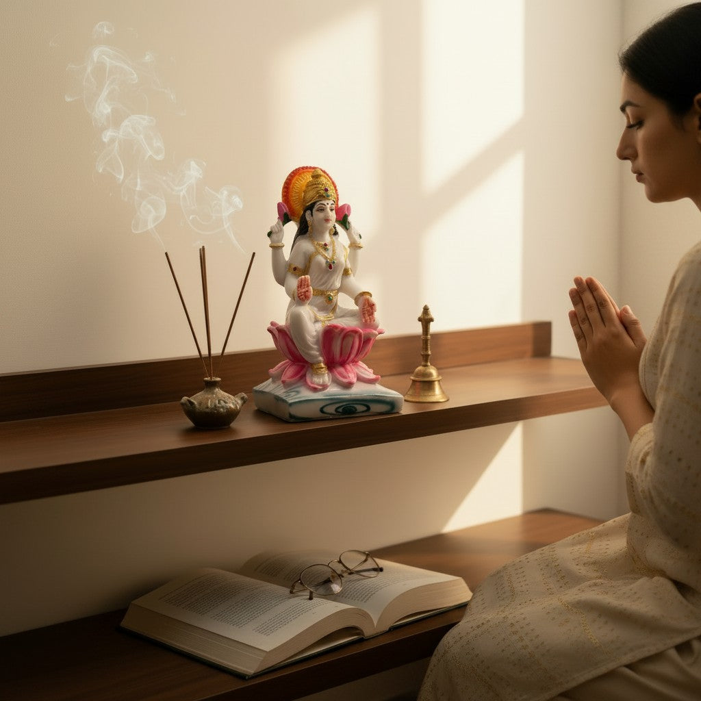 Laxmi Mata Idol on Wooden Shelf
