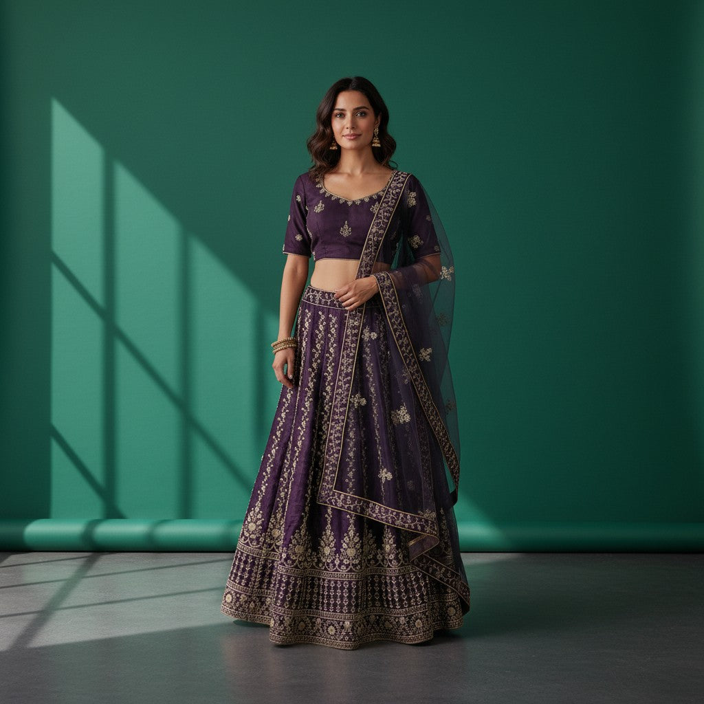 Elegant Deep Wine Lehenga with Velvet Blouse and Net Skirt