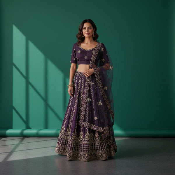 Elegant Deep Wine Lehenga with Velvet Blouse and Net Skirt