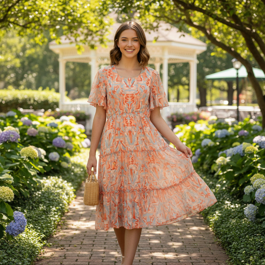 Flutter-sleeve Tiered Dress with Abstract Ikat Print