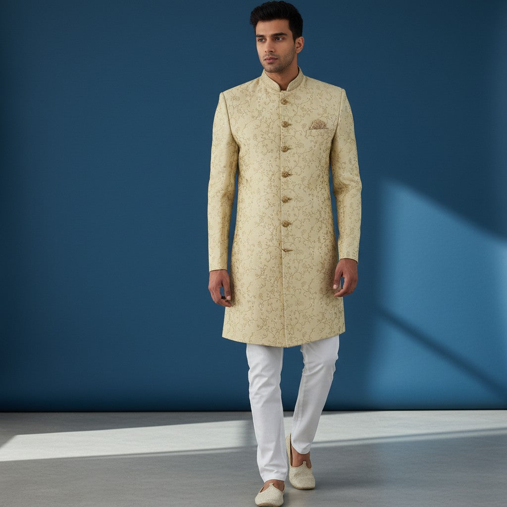 A golden embroidered Men's Sherwani