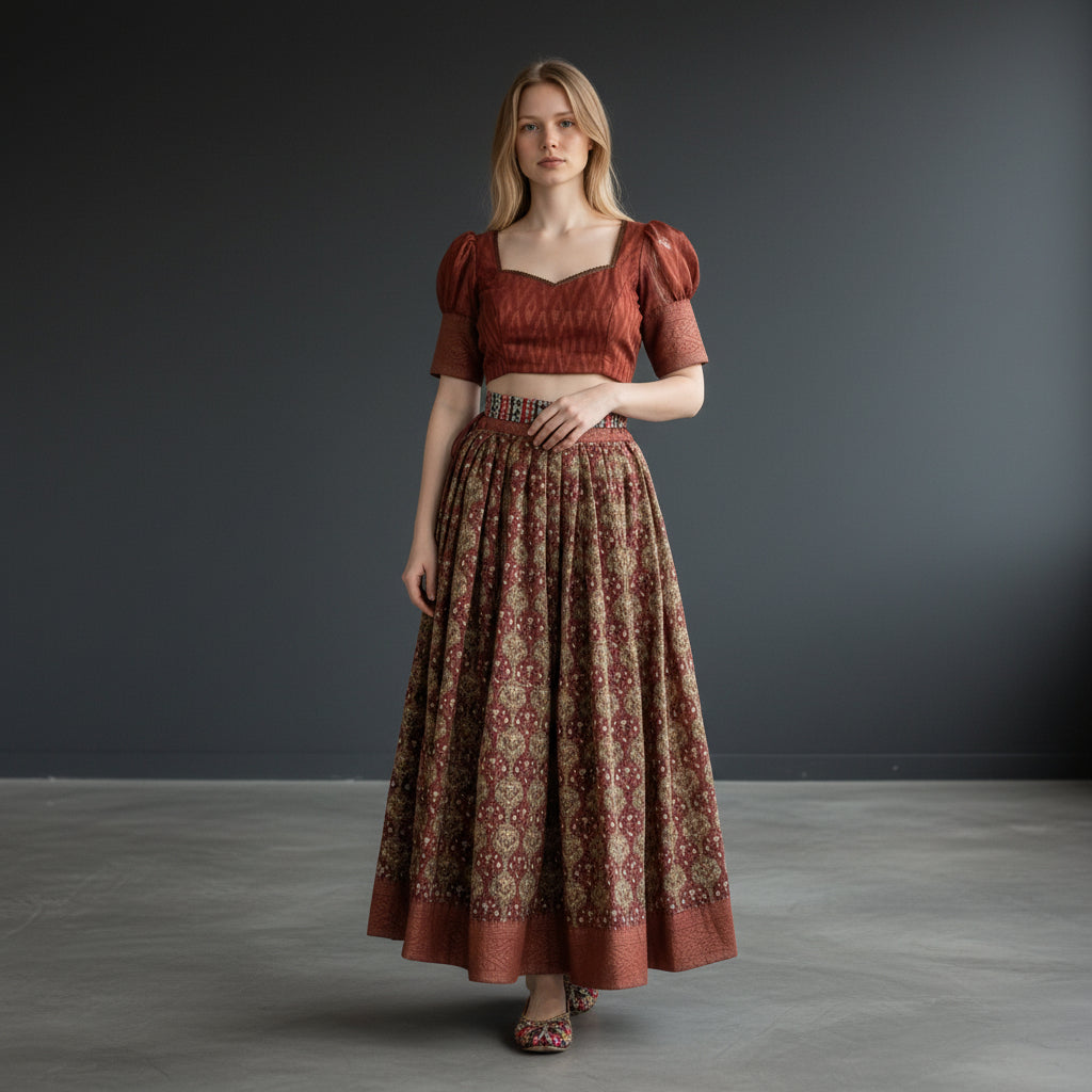 Silk Cotton Crop Top with Floral Print Skirt