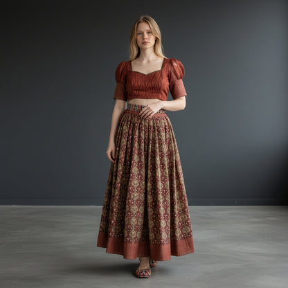 Silk Cotton Crop Top with Floral Print Skirt