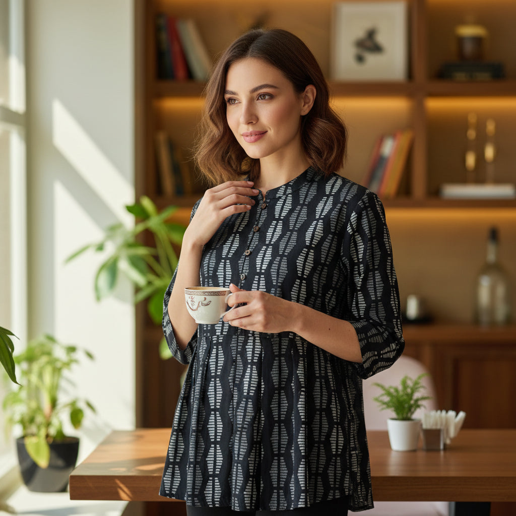 Soft Cotton Short Kurti Mandarin Collar Casual Wear