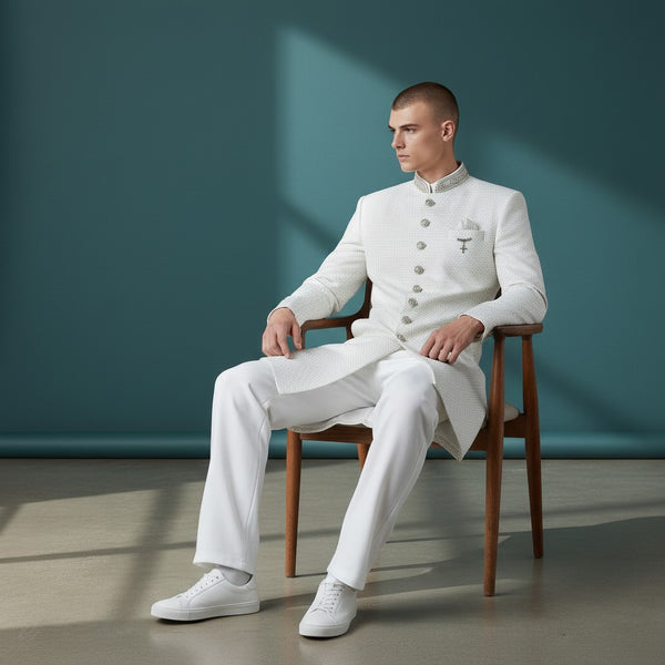 A White Self Design Sherwani