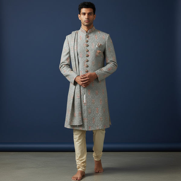 A Gray Colored Self Design Sherwani