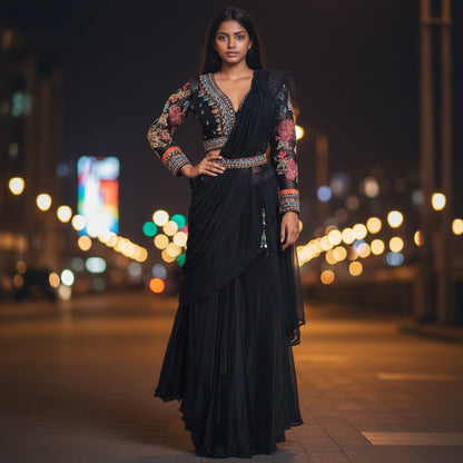 Crepe Draped Lehenga with Multi-color Threadwork