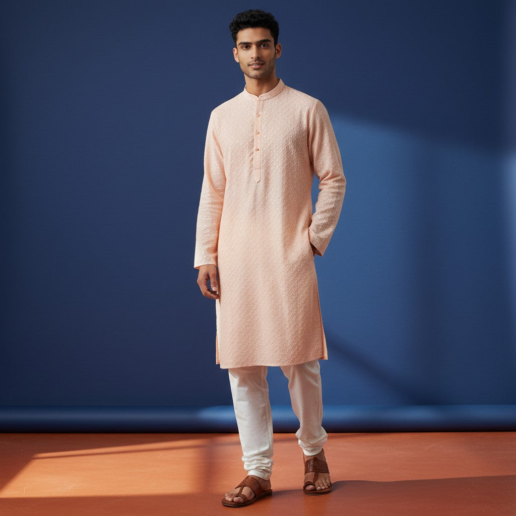 Chikankari Embroidered Sequinned Kurta Set - Peach
