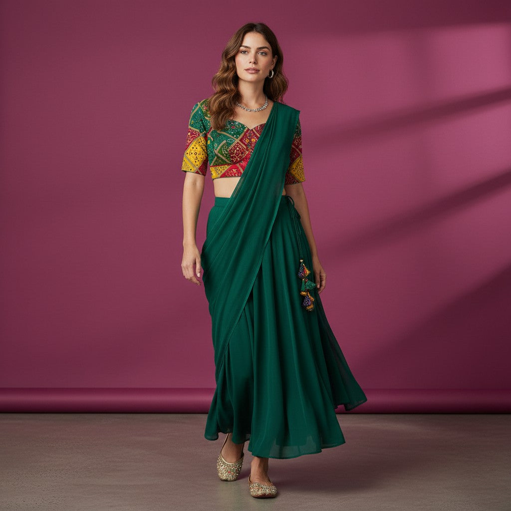 Patchwork Bandhani Print Blouse with Dark Green Lining and Colorful Diamond Motifs