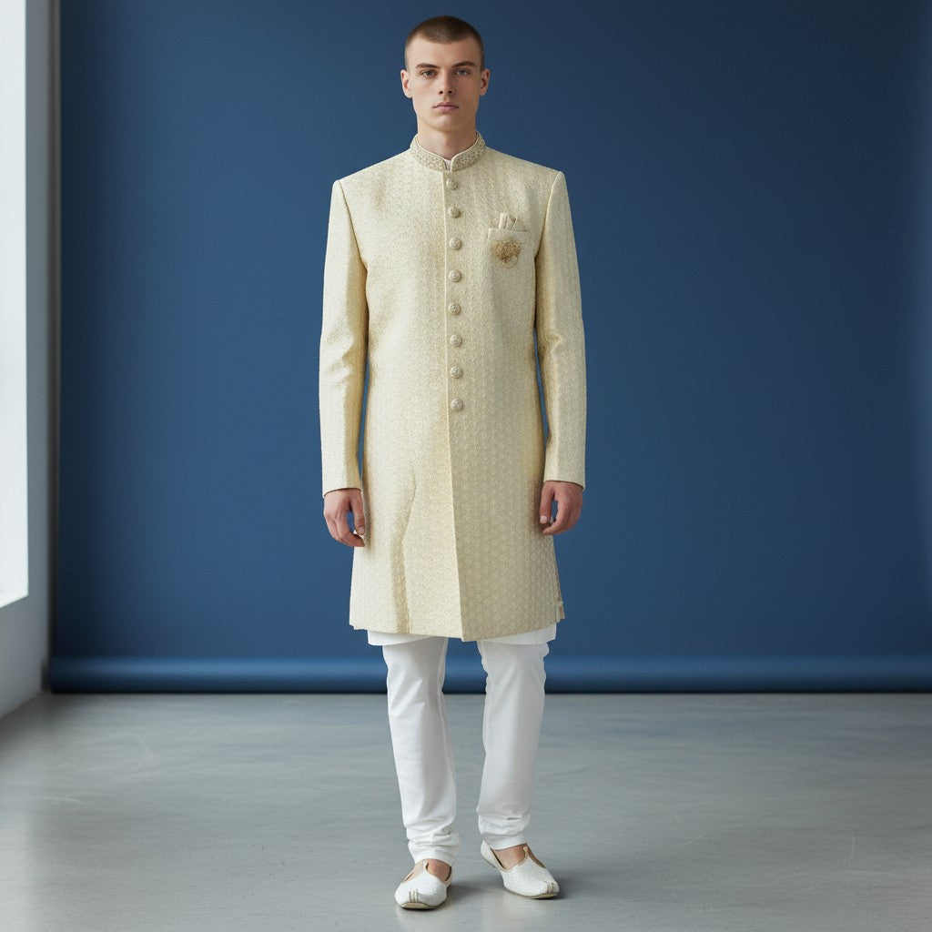 A Light Yellow colored Embroidered Sherwani