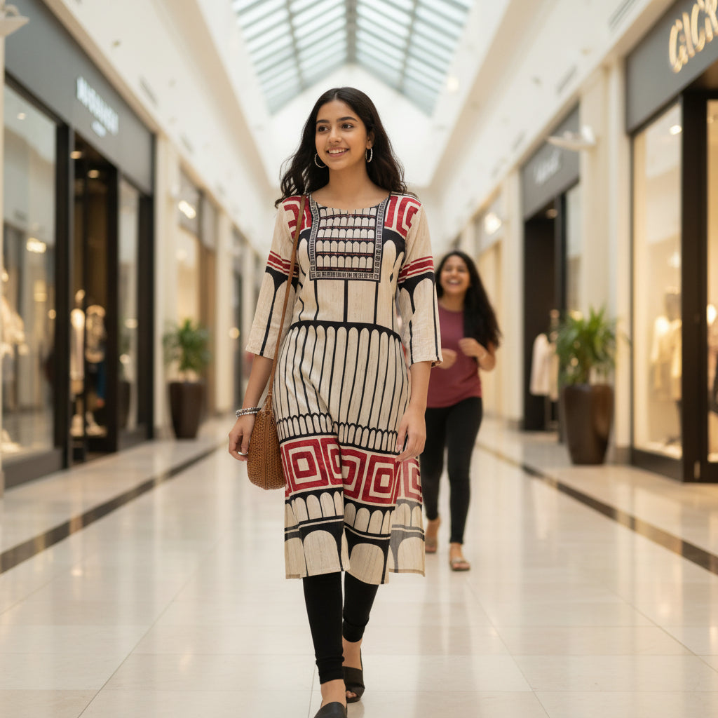 Cream Black Geometric Arch Kurti with Maroon Border