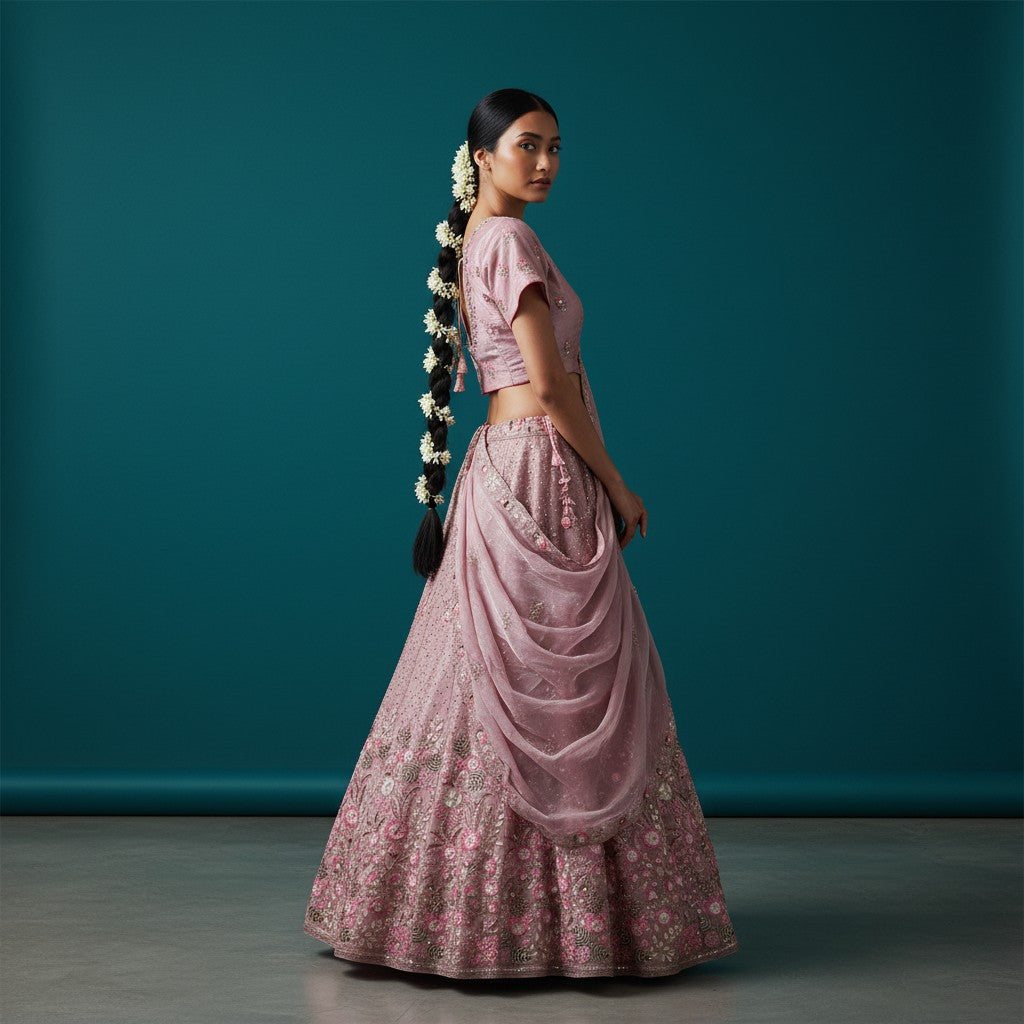 Dusty Rose/Mauve Shimmer Lehenga Choli with Floral Embroidery