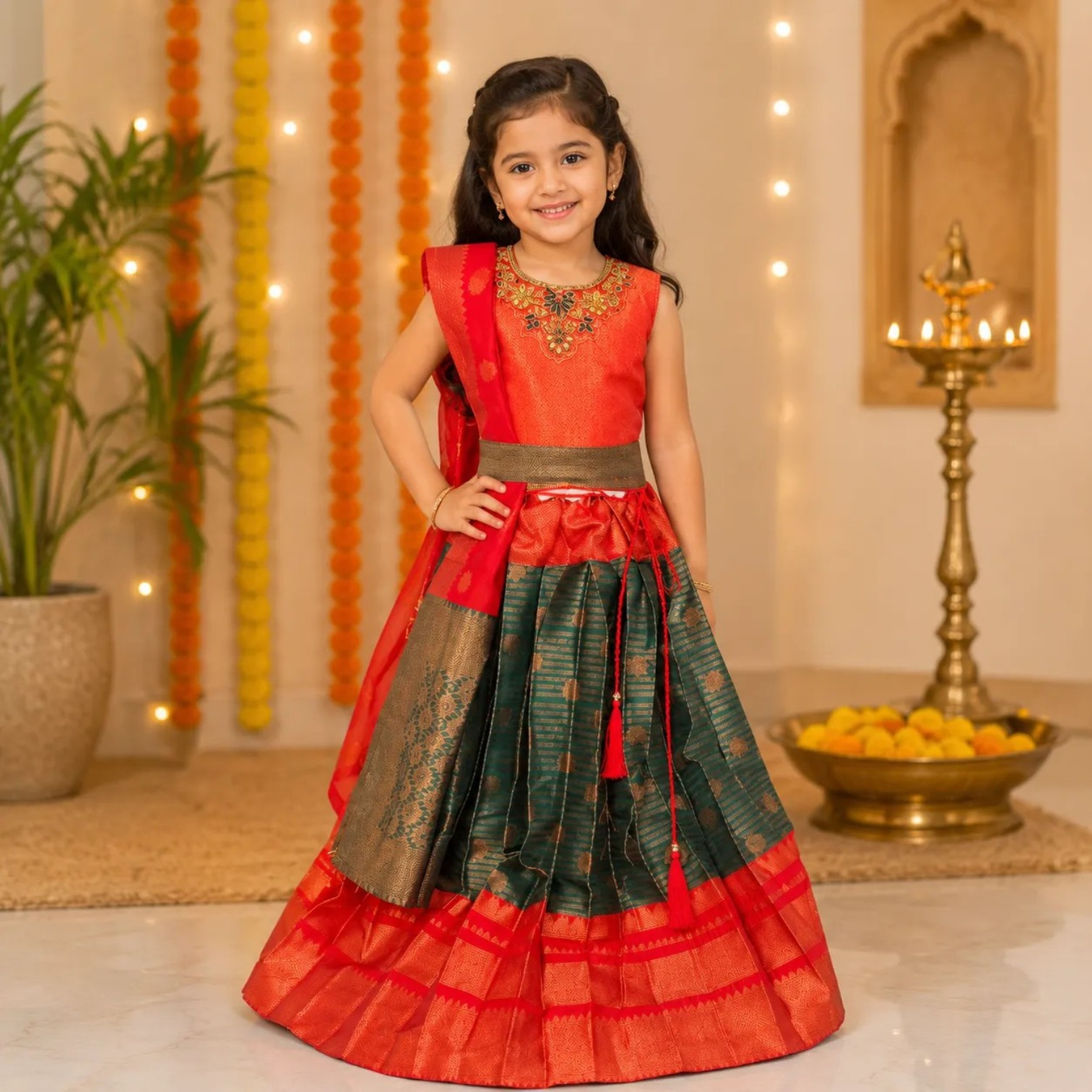 Kids Traditional Pattu Lehenga Set in Red & Bottle Green with Rich Zari Border