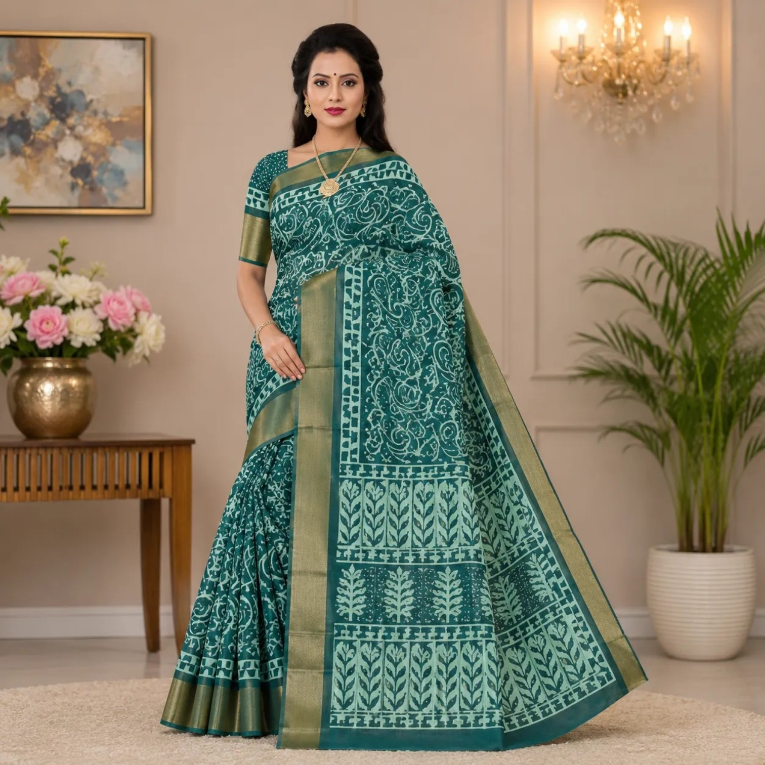 Teal Green Printed Saree with Elegant Gold Border