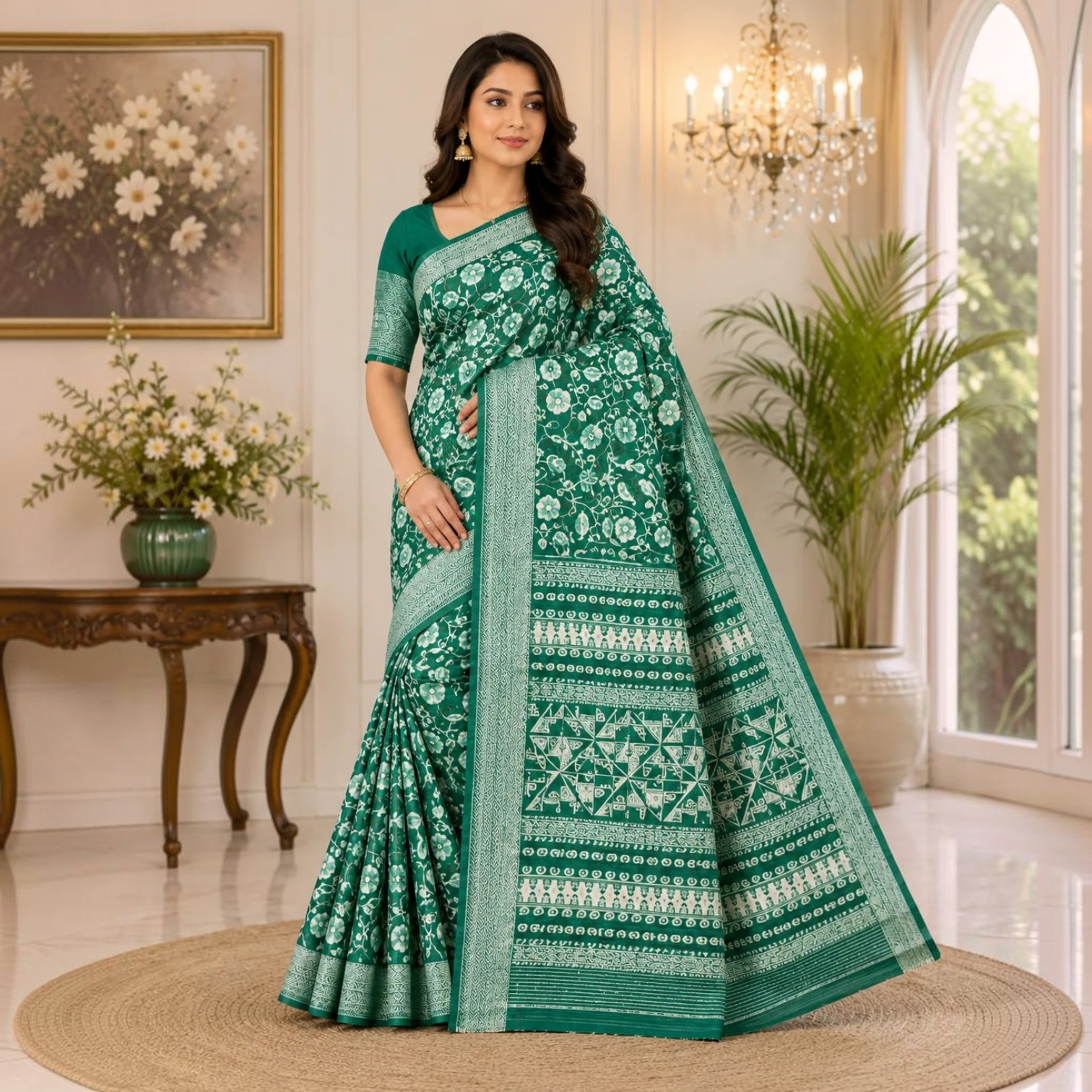 Emerald Green Floral Printed Saree with Elegant Woven Border