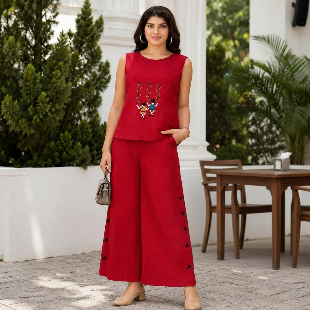 Crimson Red Embroidered Sleeveless Co-Ord Set