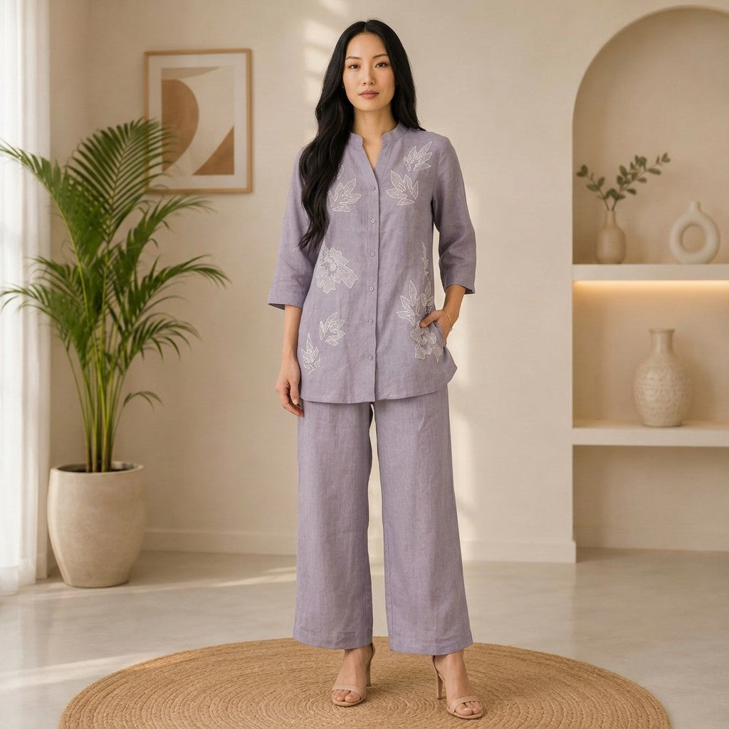 Lavender Embroidered Cotton Linen Co-Ord Set for Women