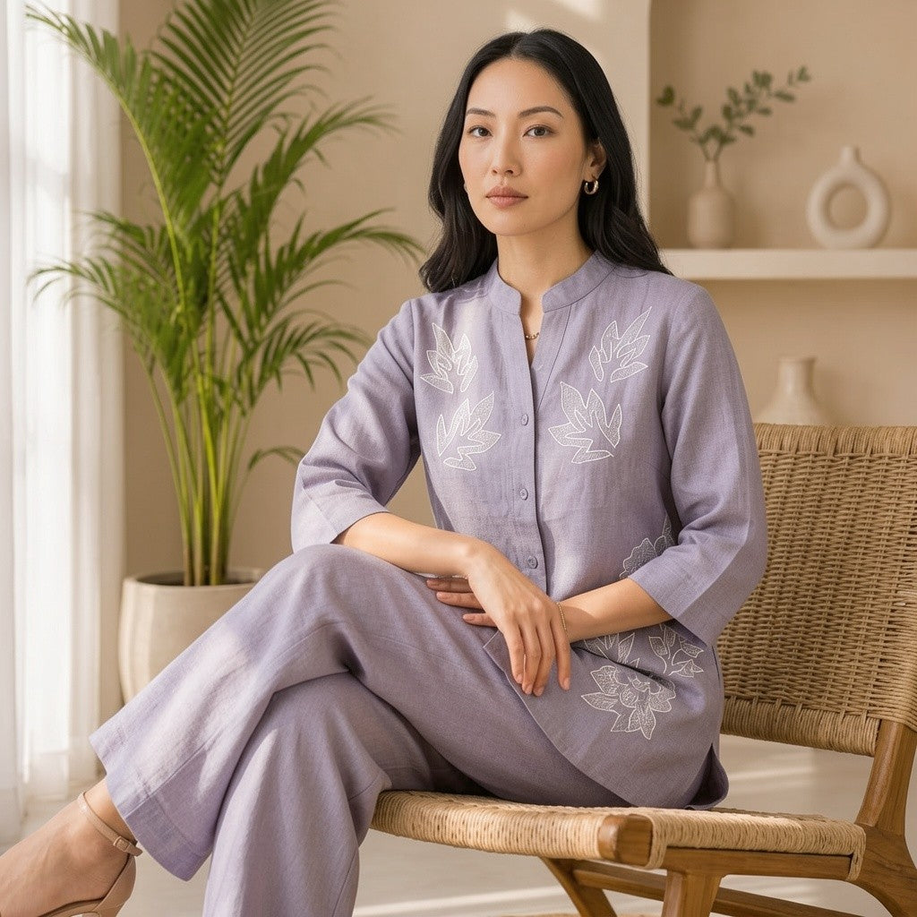 Lavender Embroidered Cotton Linen Co-Ord Set for Women