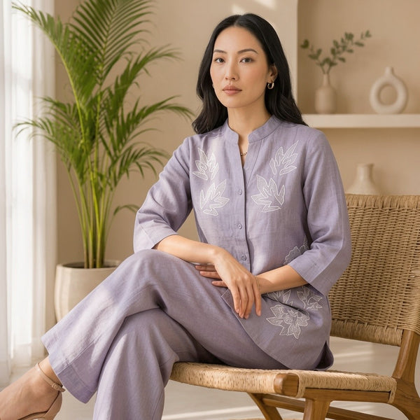 Lavender Embroidered Cotton Linen Co-Ord Set for Women
