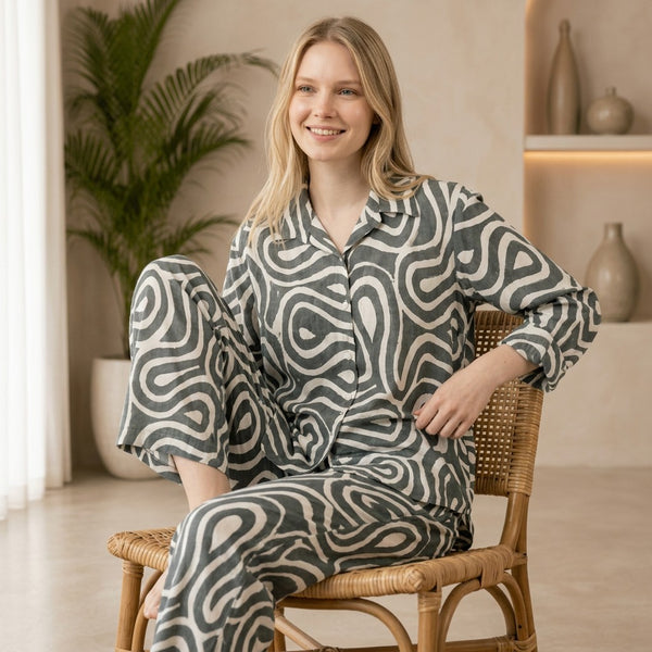 Olive Green Abstract Printed Cotton Linen Co-Ord Set for Women