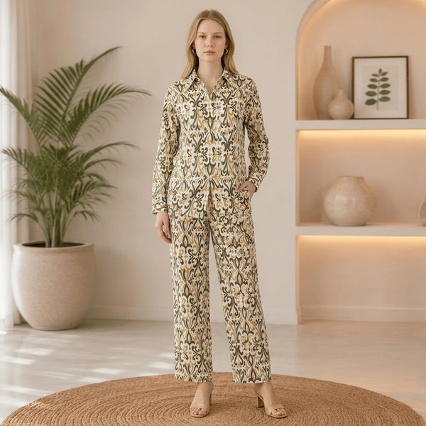 Ivory & Olive Green Printed Cotton Linen Co-Ord Set for Women