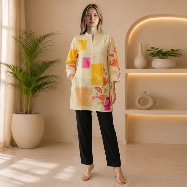 Cream Floral Printed Cotton Kurti with Black Straight Pants