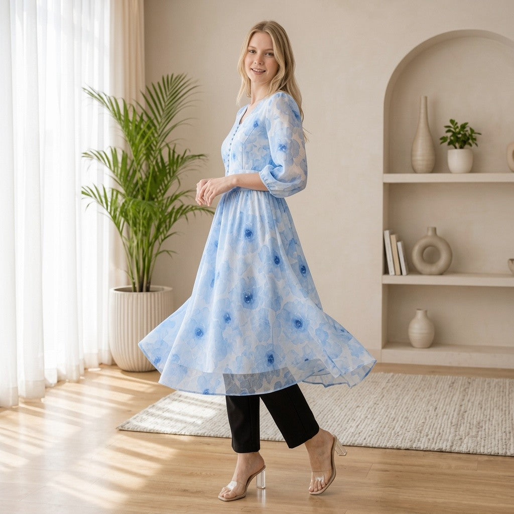 Sky Blue Floral Printed Cotton Blend Kurti with Black Straight Pants