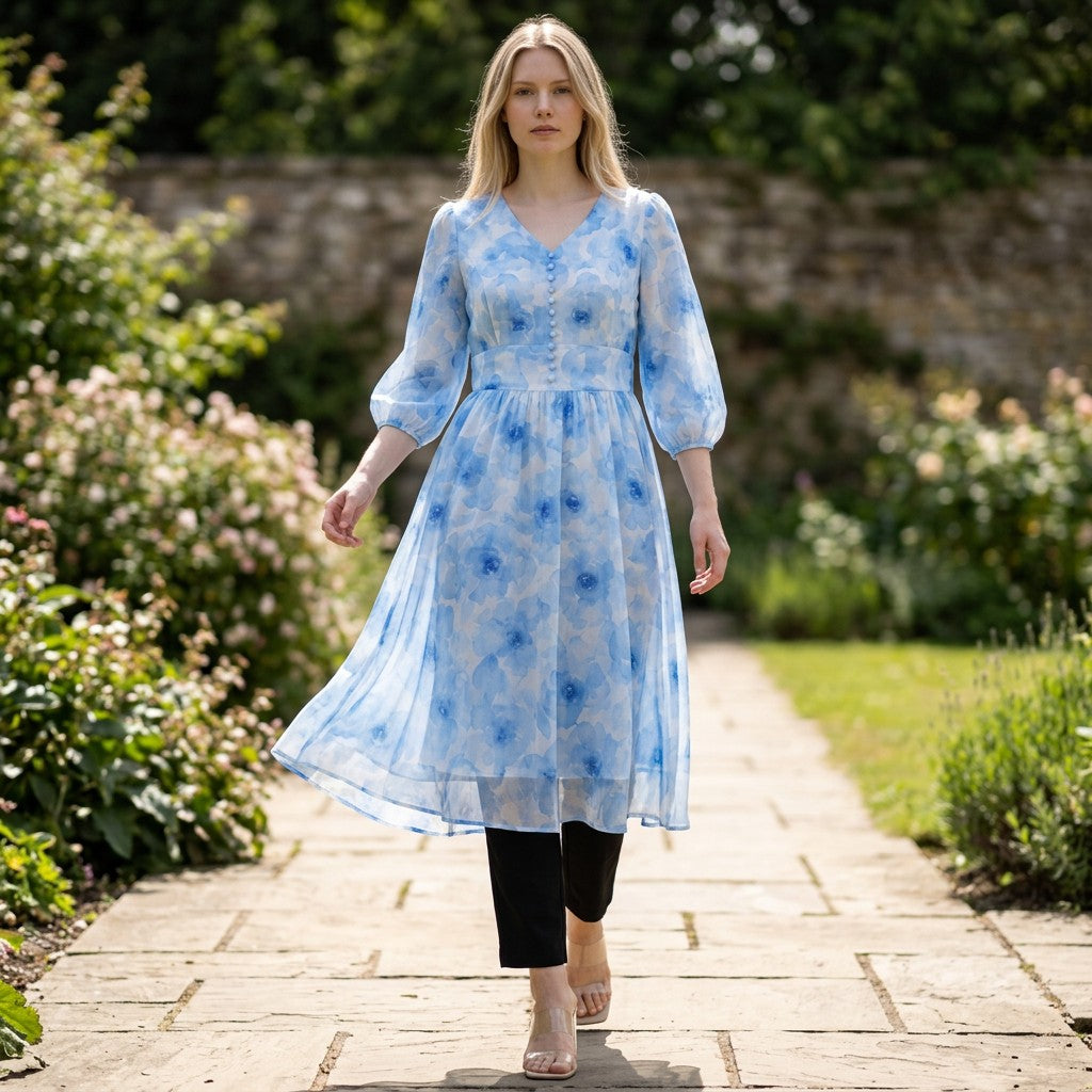 Sky Blue Floral Printed Cotton Blend Kurti with Black Straight Pants