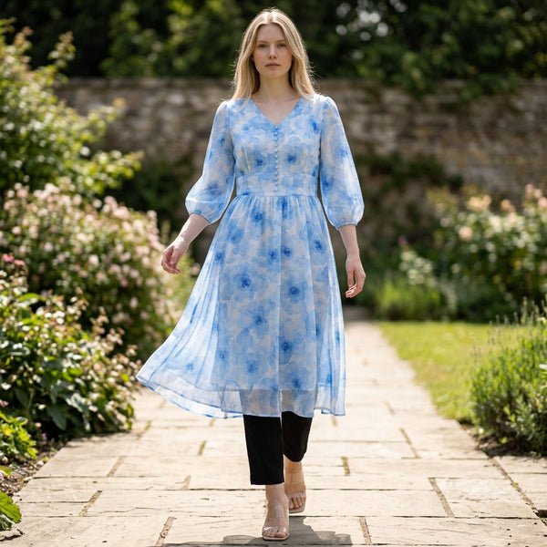 Sky Blue Floral Printed Cotton Blend Kurti with Black Straight Pants
