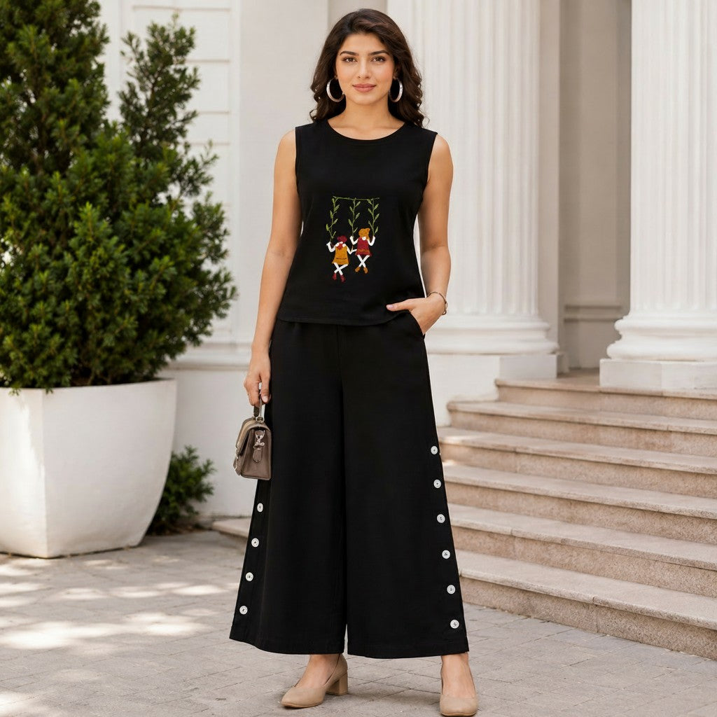 Classic Black Embroidered Sleeveless Co-Ord Set