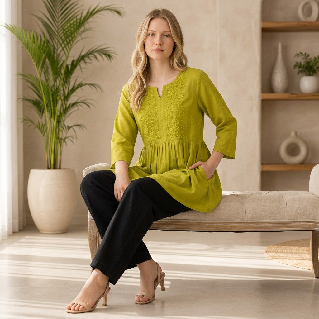 Lime Green Embroidered Cotton Linen Tunic with Black Straight Pants