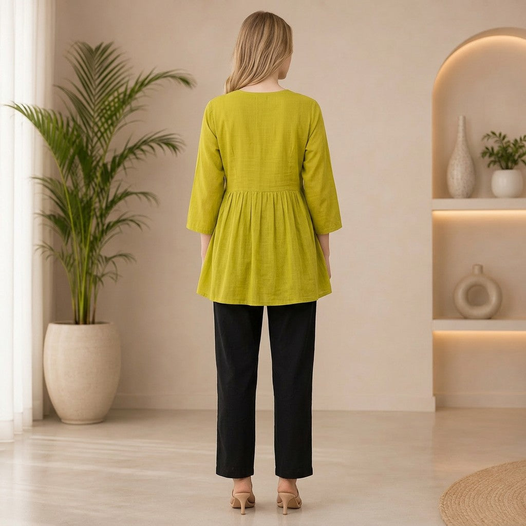 Lime Green Embroidered Cotton Linen Tunic with Black Straight Pants
