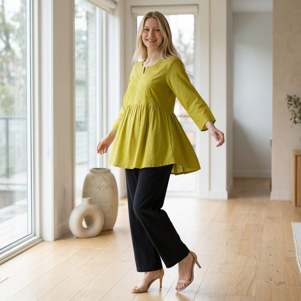 Lime Green Embroidered Cotton Linen Tunic with Black Straight Pants