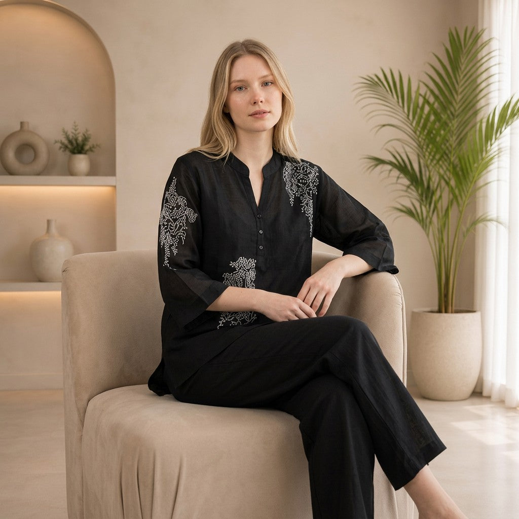 Black Embroidered Cotton Linen Co-Ord Set for Women