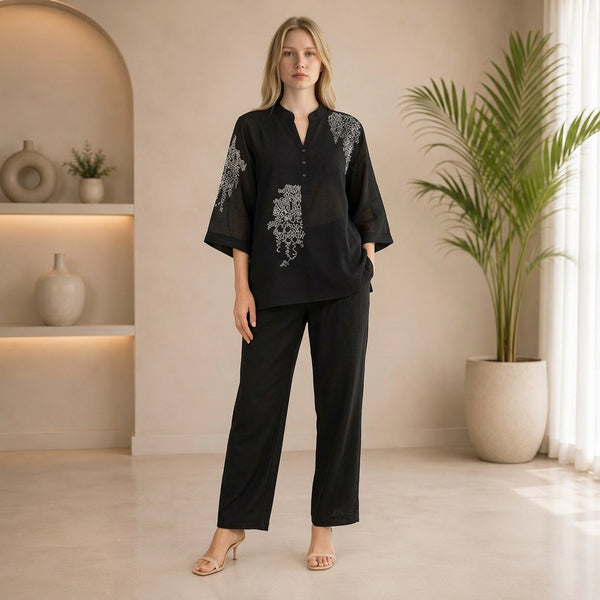 Black Embroidered Cotton Linen Co-Ord Set for Women