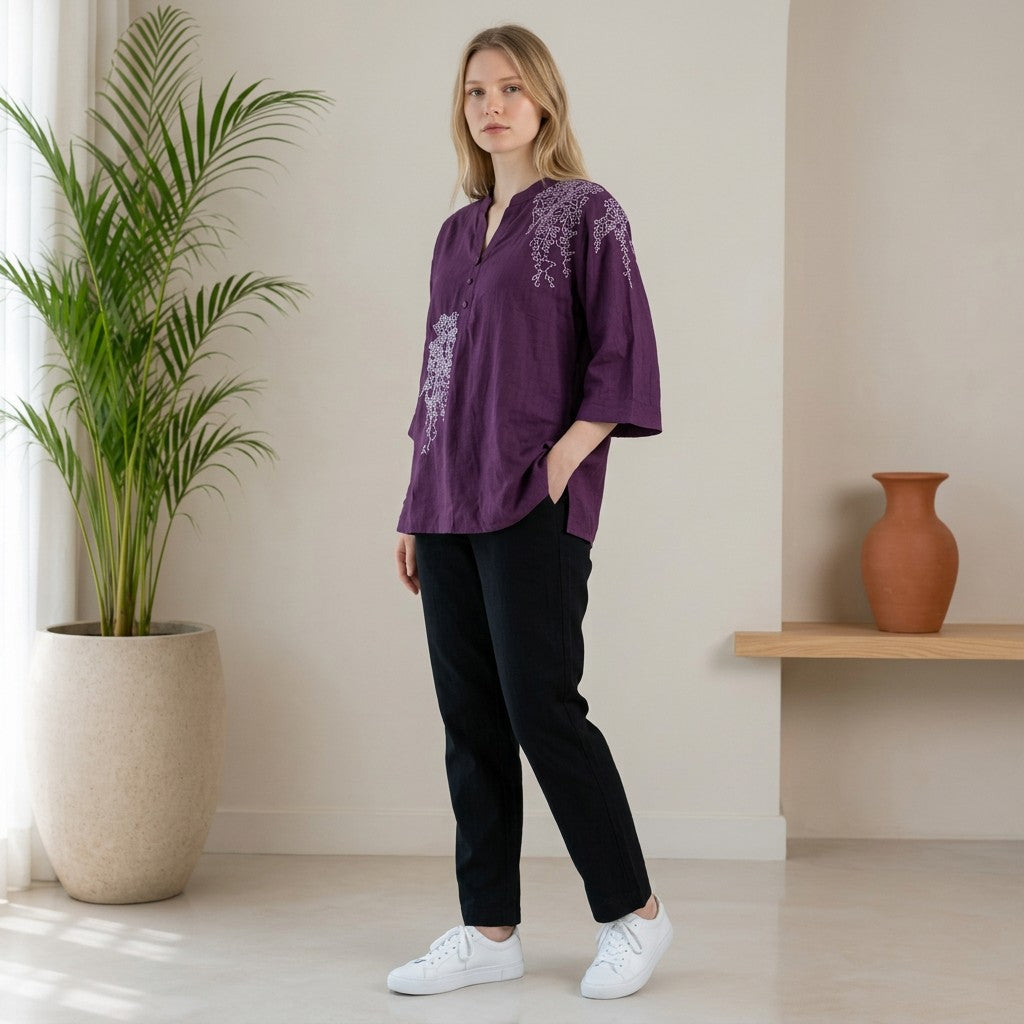 Plum Purple Embroidered Cotton Linen Tunic with Black Straight Pants