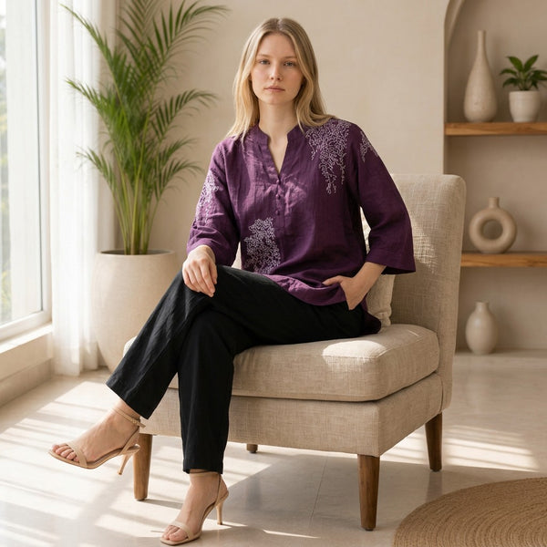 Plum Purple Embroidered Cotton Linen Tunic with Black Straight Pants